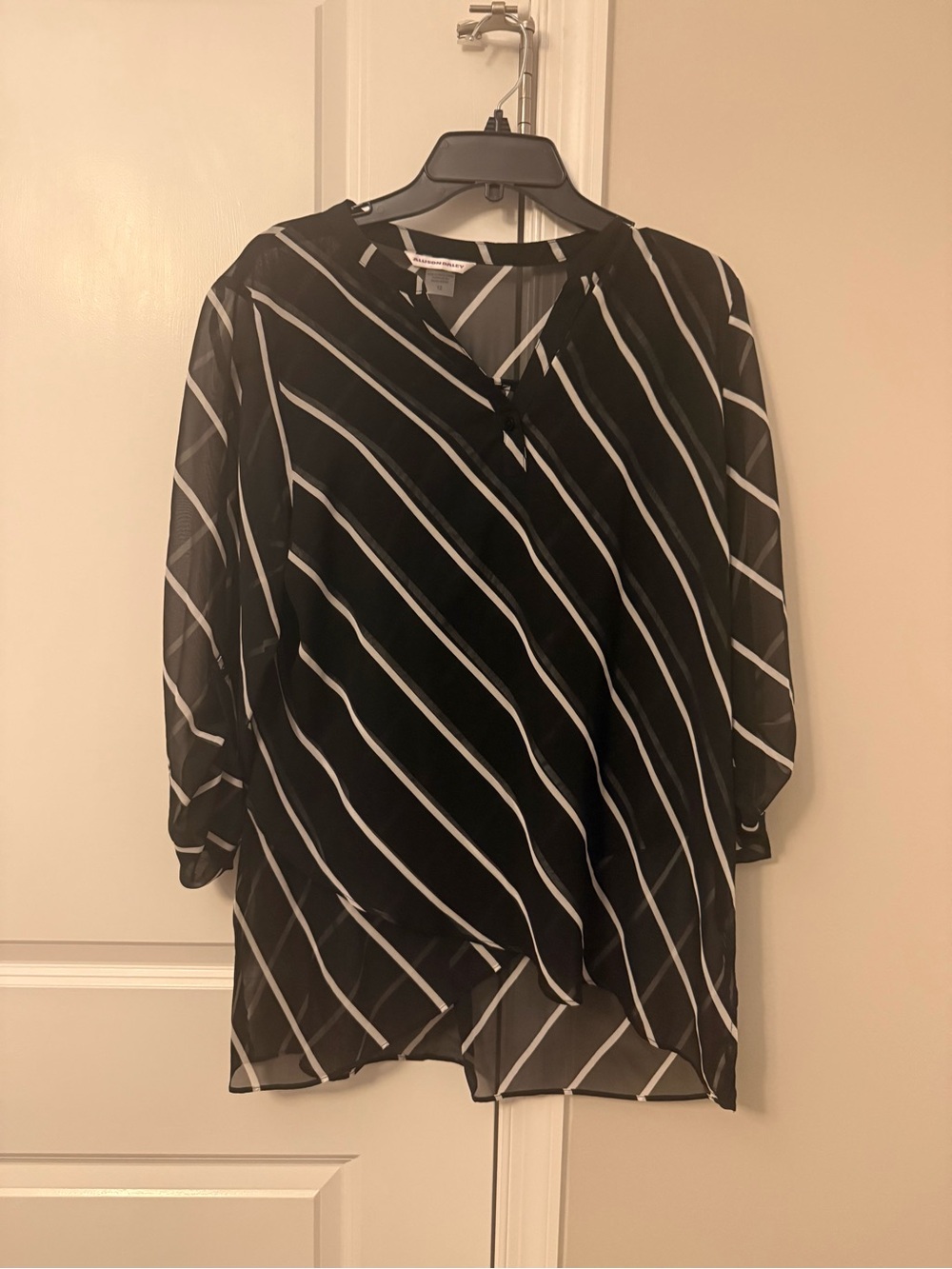Allison Daley Black and White Diagonal Stripe V-Neck Blouse